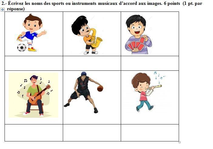 2.- Écrivez les noms des sports ou instruments musicaux d’accord aux images. 6 points-example-1