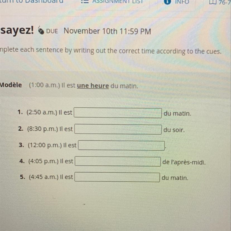 Complete each sentence by writing out the correct time according to the cues Please-example-1