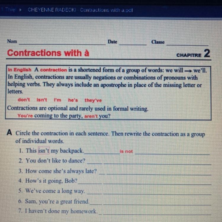 Nom Date Classe Contractions with à CHAPITRE 2 In English A contraction is a shortened-example-1