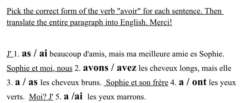 Answer fast plz thanks. Pick the correct form of the verb "avoir" for each-example-1