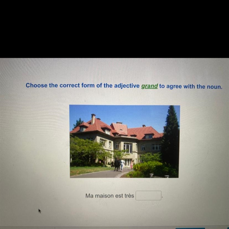 Choose the correct form of the adjective grand to agree with the noun. Ma maison est-example-1