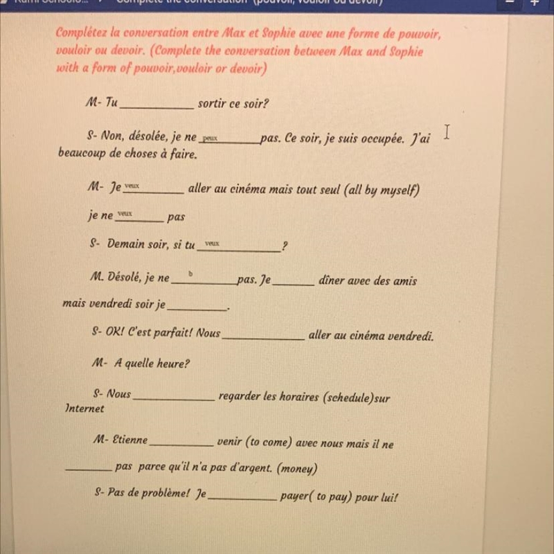 Pouvoir, vouloir, devoir worksheet. PLEASE HELP :)))))-example-1