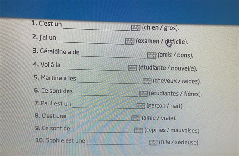 Á vous! Descriptive adjectives complete each sentence by writing the noun and adjective-example-1