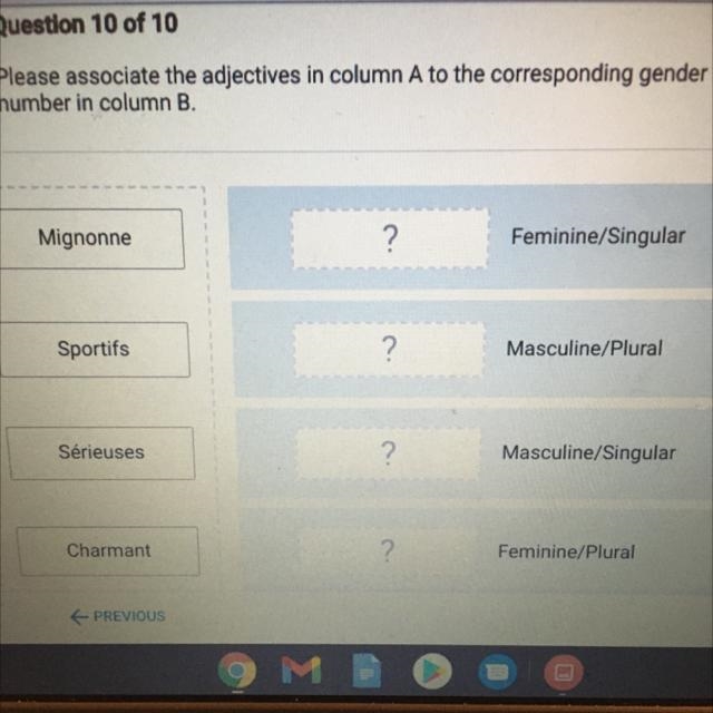 Please associate the adjectives in column A to the corresponding gender and number-example-1