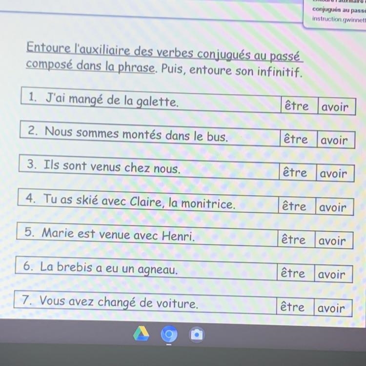 Entoure l’auxiliaire des verbes conjugues au passe compose dans la pharse. puis entoure-example-1