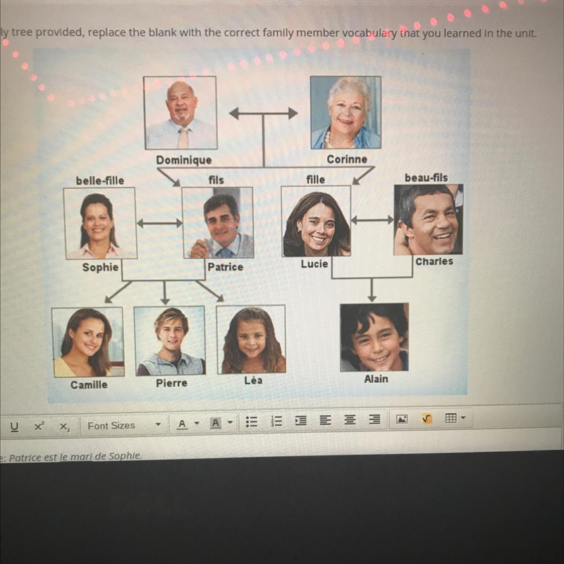 Using the family tree provided, replace the blank with the correct family member vocabulary-example-1