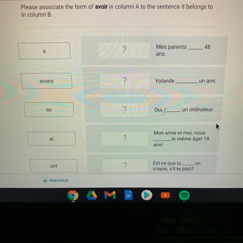 Please associate the form of avoir in column A to the sentence it belongs to in column-example-1