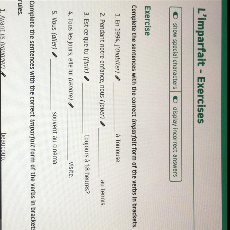 Exercise Complete the sentences with the correct imparfait form of the verbs in brackets-example-1