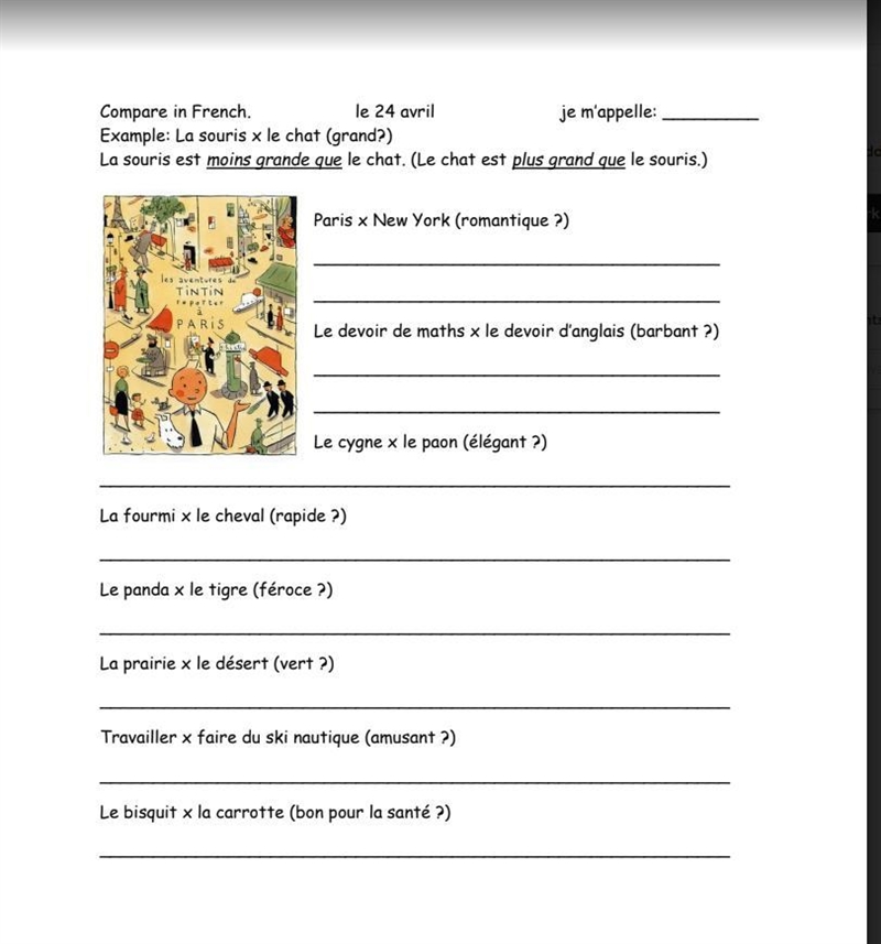 French Comparison Worksheet Can someone please help me answer these and explain what-example-1