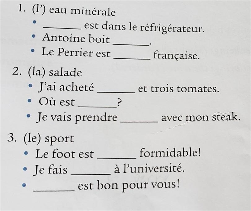 the instruction are complétez les phrases avec le mot suggéré et l'article appropri-example-1