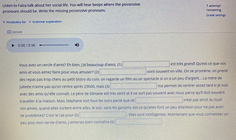 I need help filling in the blanks with the correct possessive pronouns in French. Example-example-1