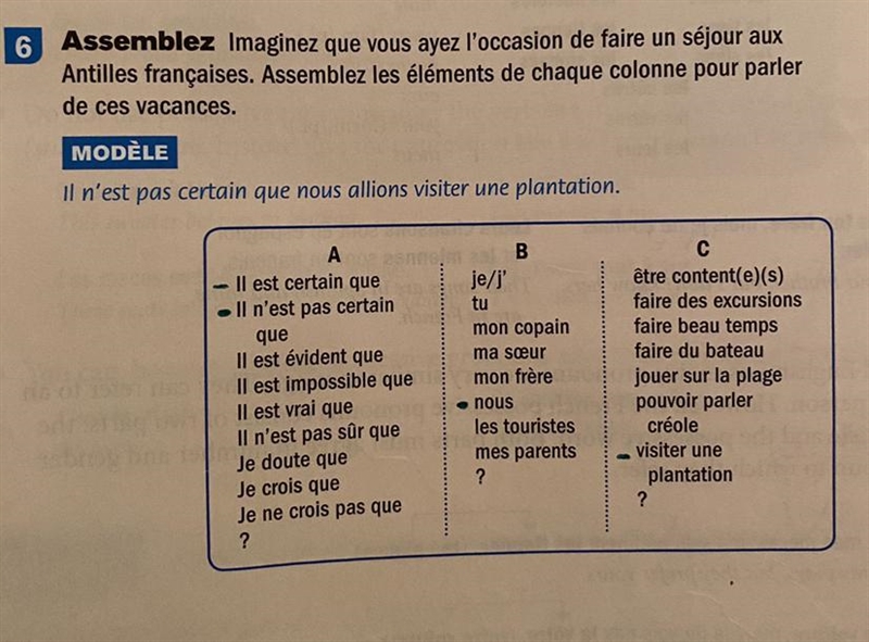 Help forming 5 sentences in french using subjunctive or indicative if needed .-example-1