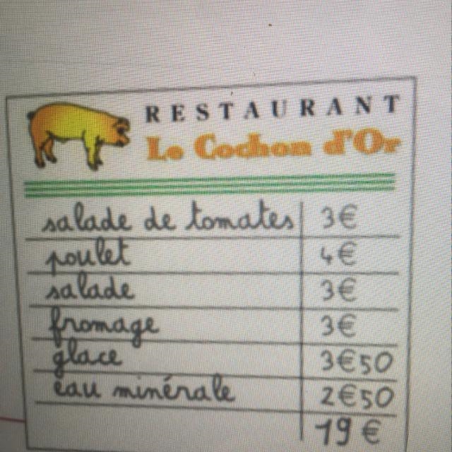 Dites ce qu'il y a dans le menu suivant (List what's on the following menu) For example-example-1