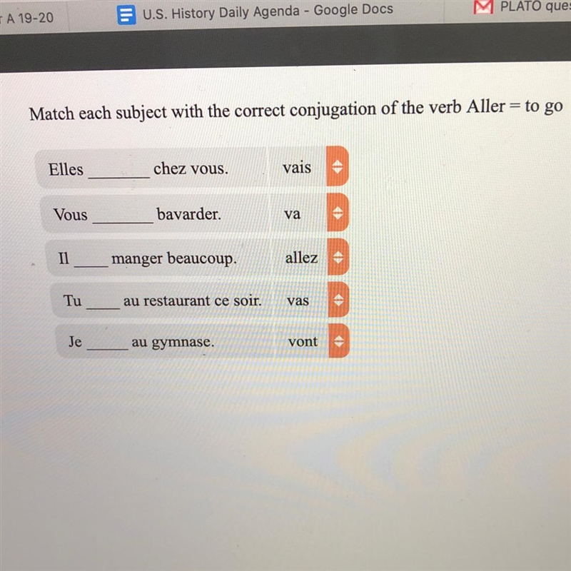 Match each subject with the correct conjugation of the verb Aller = to go Elles chez-example-1