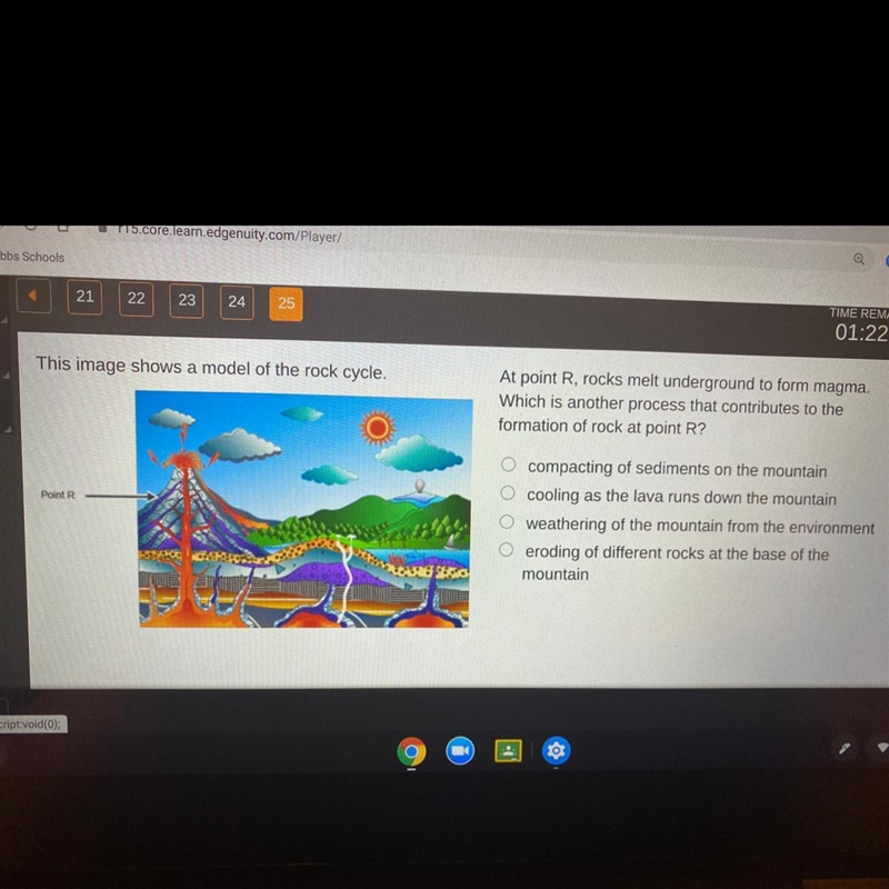 This image shows a model of the rock cycle. At point R, rocks melt underground to-example-1