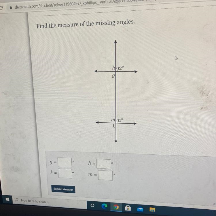 Find the measure of the missing angles. h 92° g m|91° k-example-1