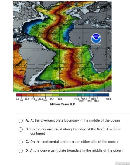 This map shows the ages of the Atlantic ocean crust .where is the youngest crust in-example-1