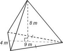 Find the volume of the pyramid shown. Question 10 options: A) 144 m3 B) 48 m3 C) 288 m-example-1