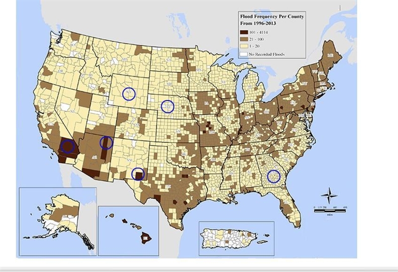 Select all the correct locations on the image. The map shows the frequency of flood-example-1