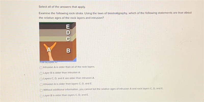 Select all of the answers that apply. Examine the following rock strata. Using the-example-1