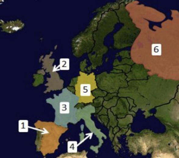 List all six countries on the map above in order from the least populated to the most-example-1