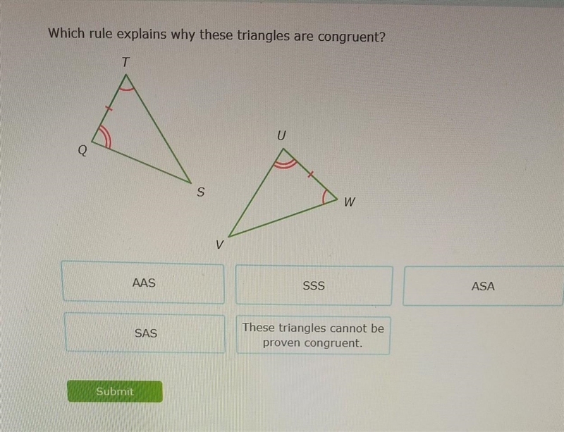 Which rule explains why these triangles are congruent?​-example-1