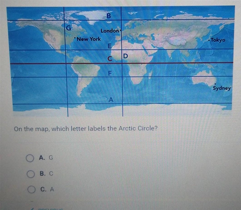 On the map, which letter labels the Arctic Circle? O A. G ОВ. С Ос. А O D. B​-example-1