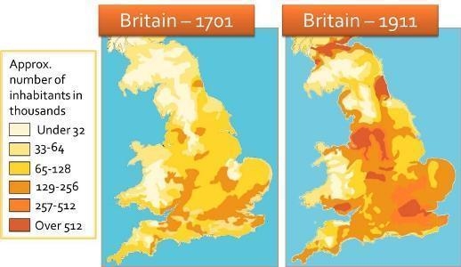 Based on the population density maps above, what can be inferred about Britain’s migration-example-1