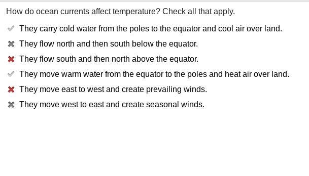 How do ocean currents affect temperature? Check all that apply. They carry cold water-example-1