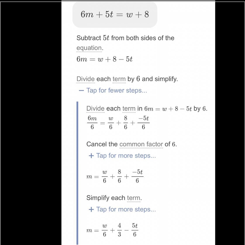 Solve 6m + 5t = w + 8 for m​-example-1