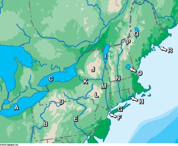 Choose the correct letter from the map and match it to each word below. 1. A L. Ontario-example-1