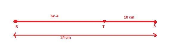 Find the value of x if RS= 24 centimeters RT=6x-4 TS=10cm-example-1