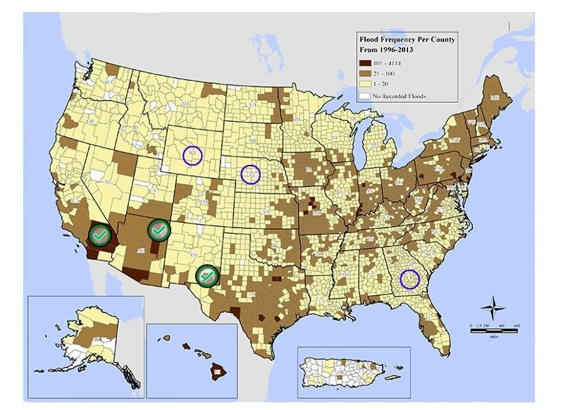 Select all the correct locations on the image. The map shows the frequency of flood-example-1