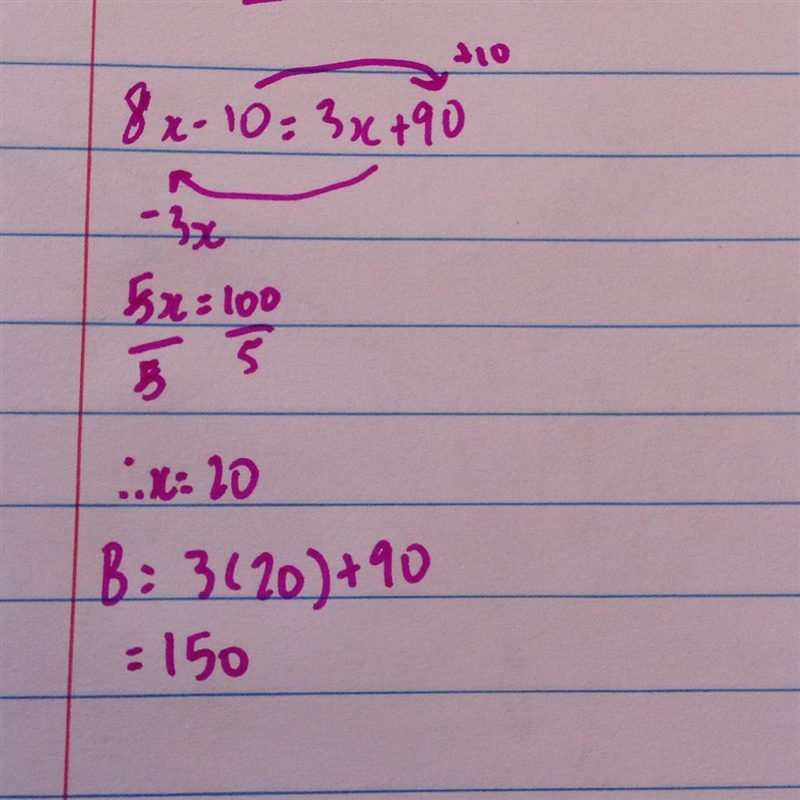 A=8x-10. B=3x+90 solve for x then find the measure of B-example-1