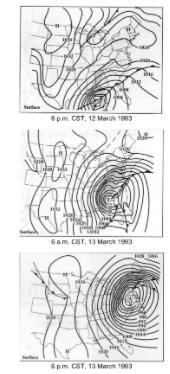 The figures below are surface weather maps from Superstorm 1993, which produced blizzard-example-1