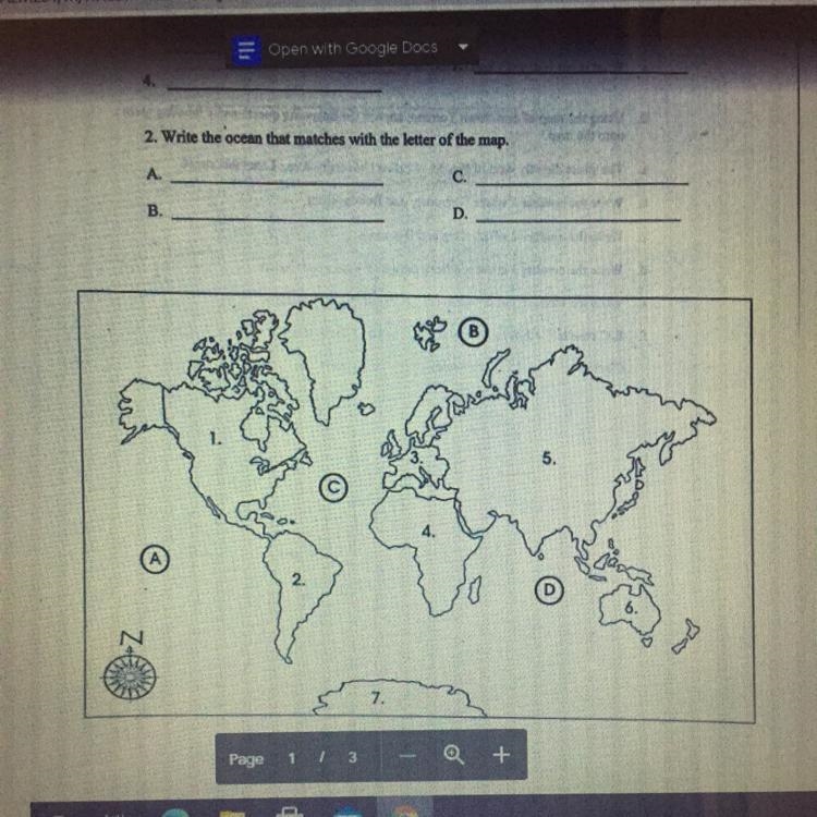 2. Write the ocean that matches with the letter of the map.-example-1