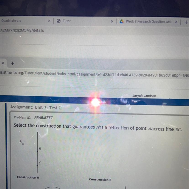 Select the construction that guarantees A' is a reflection of point A across line-example-1