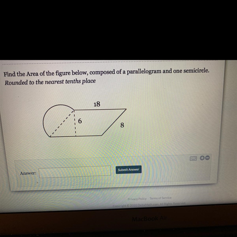 Find the Area of the figure below, composed of a parallelogram and one semicircle-example-1