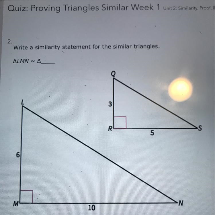 Write a similarity statement for the similar triangles. Answers: 1) SRQ. 2)SQR. 3)QRS-example-1