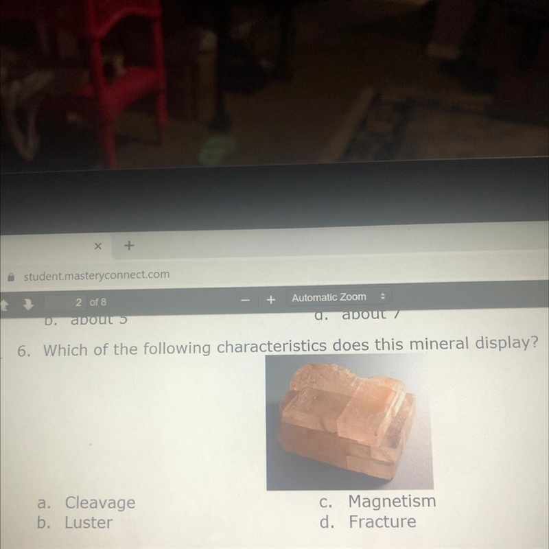 Which of the following characteristics does this mineral display? a. Cleavage b. Luster-example-1