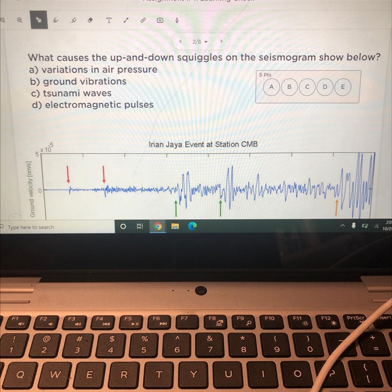 What causes the up-and-down squiggles on the seismogram show below? a) variations-example-1