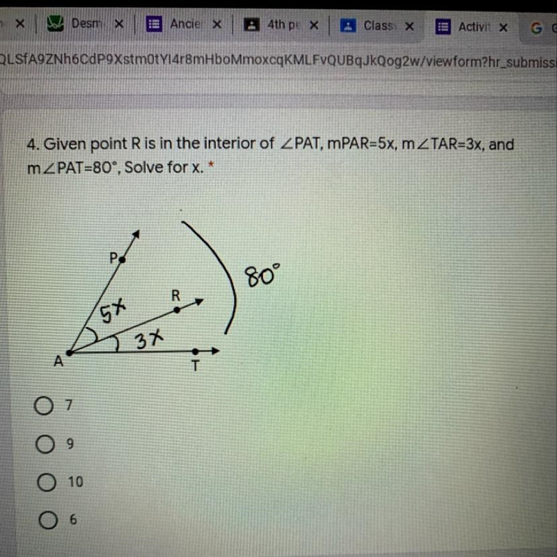 4. Given point Ris in the interior of ZPAT, MPAR=5x, mZTAR=3x, and mZPAT=80°, Solve-example-1