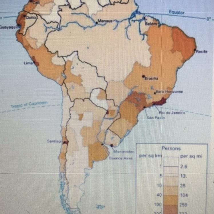 10. The map below is a population density map of South America. Where does most of-example-1