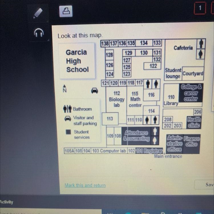 On this map, the student services office is indicated by a. A black square b. A car-example-1