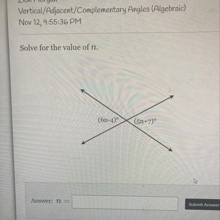 Solve for the value of n. (6n-4)º (5n+7)-example-1