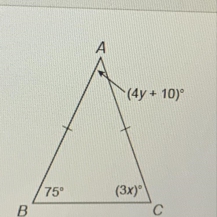 Triangle ABC A= (4y + 10) C= (3x) B= 75 What is y?-example-1