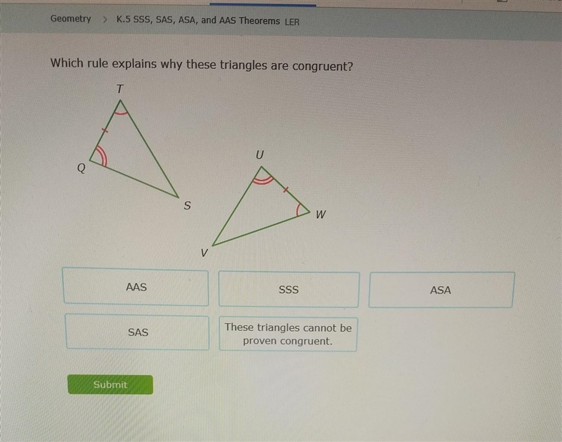 Which rule explains why these triangles are congruent? ​-example-1