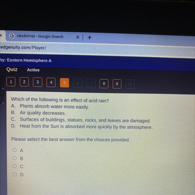 Which of the following is an effect of acid rain? A. Plants absorb water more easily-example-1