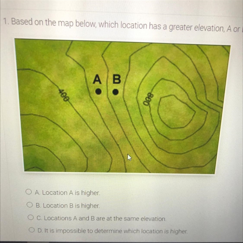 1. Based on the map below, which location has a greater elevation, A or B? A. Location-example-1