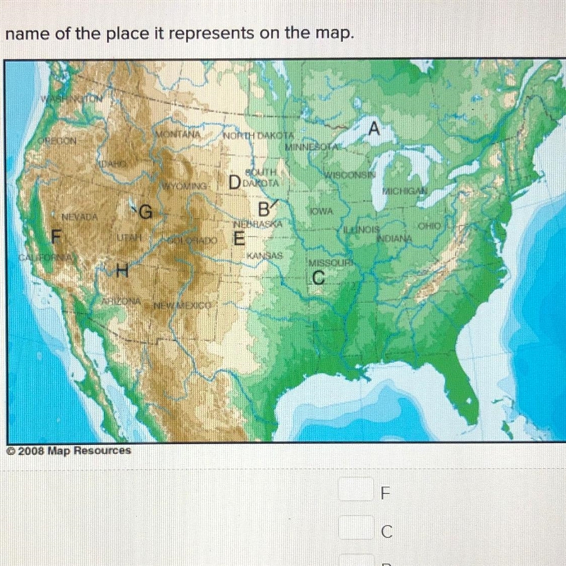 Match the letter with the name of the place it represents on the map,-example-1